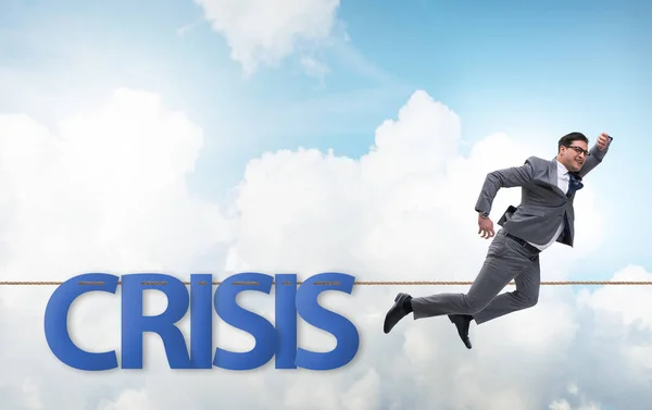 Crisis Concept Businessman Walking Tight Rope — Stockfoto