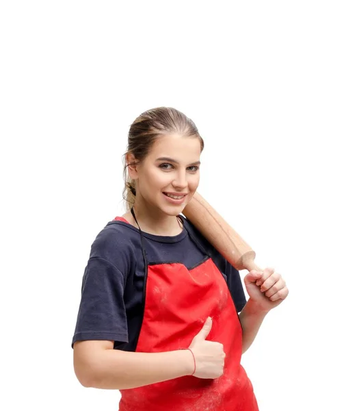 Den Unga Kvinnliga Bagaren Isolerad Vitt — Stockfoto