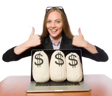 The female employee with money sacks on her table