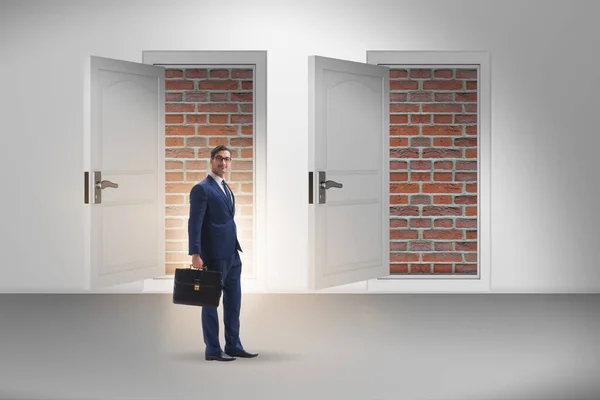 Businessman facing no exit with the brick door