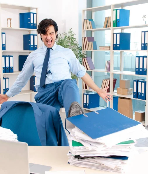 Young Handsome Male Employee Too Much Work Office — Zdjęcie stockowe