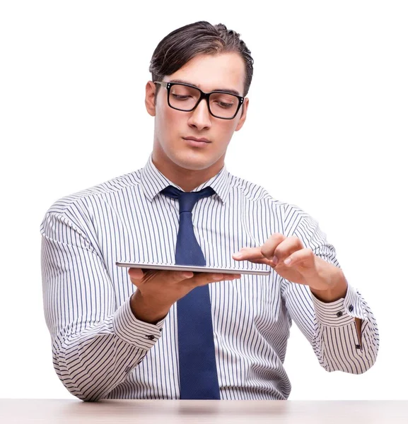 Bonito Homem Negócios Trabalhando Com Computador Tablet Isolado Branco — Fotografia de Stock