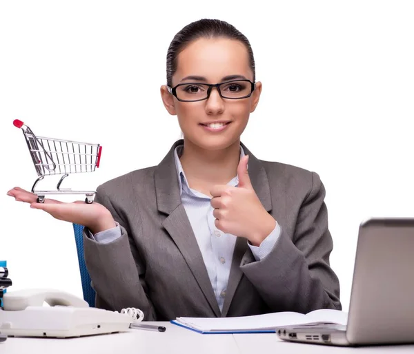 Businesswoman Shopping Cart Isolated White — Stock Photo, Image