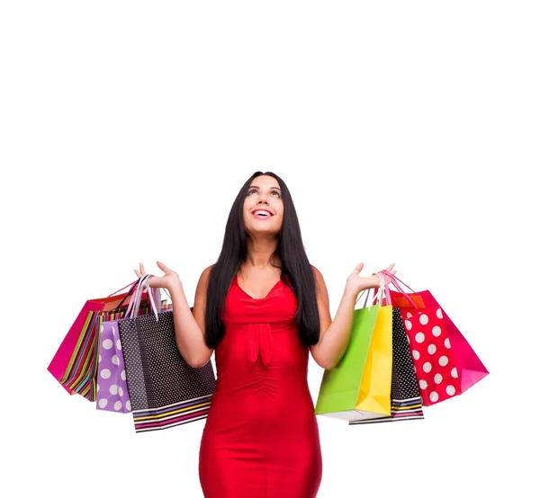 Kırmızı Elbiseli Kadın Beyaz Alışverişin Ardından Izole Edilmiş — Stok fotoğraf