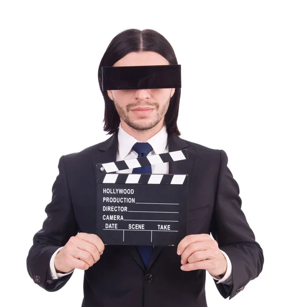 Mann Mit Filmtafel Auf Weiß — Stockfoto