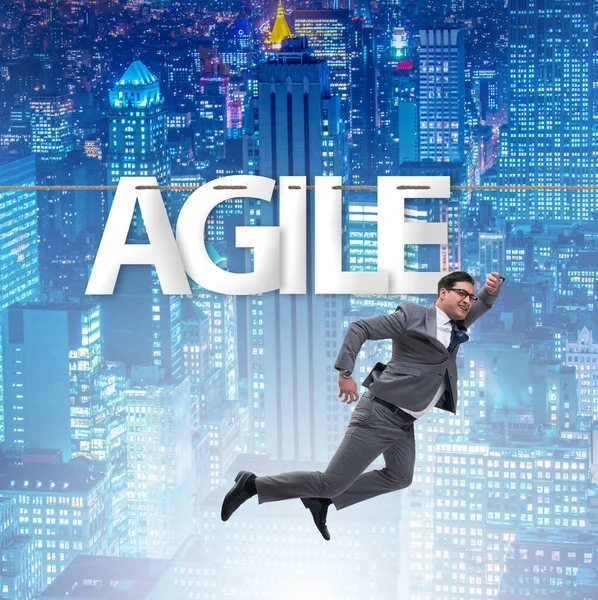 Agile transformation concept with businessman walking on tight rope