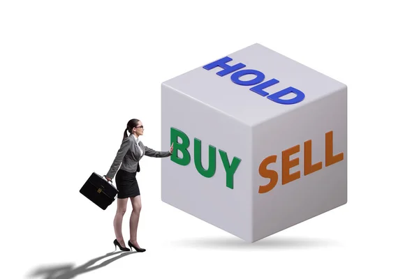 Kereskedő Három Lehetőség Vásárolni Eladni Tartani — Stock Fotó