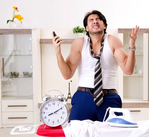 Young Man Ironing Bedroom — Stock Photo, Image