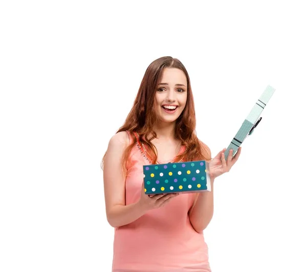 Jonge Vrouw Met Giftbox Geïsoleerd Wit — Stockfoto
