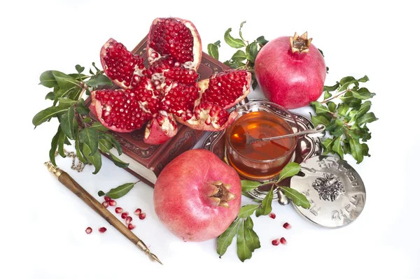 Fresh pomegranates,apple and honey for Rosh Hashana — Stock Photo, Image