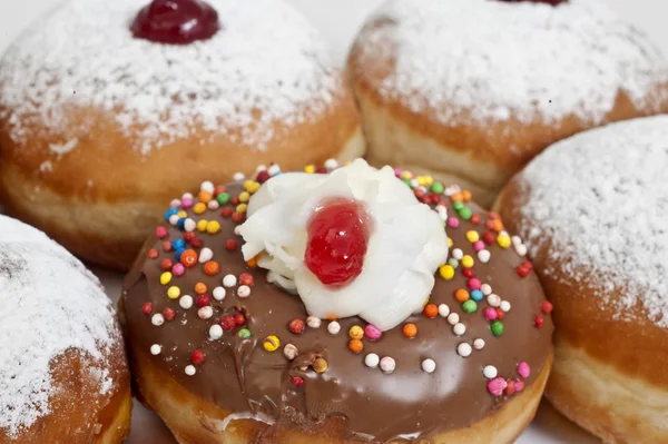 Hanukkah donuts with jam and chocolate — Stock Photo, Image