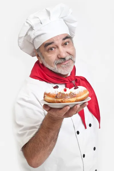 Chef com donuts Hanukkah — Fotografia de Stock