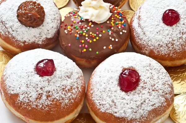 Hanukkah donuts with jam and chocolate — Stock Photo, Image