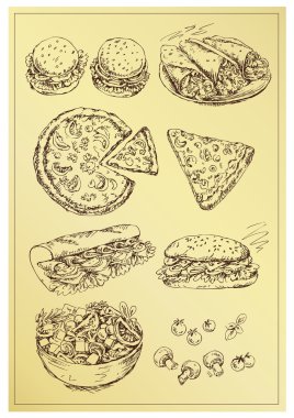 sandviçler, pizza ve salata çizimi uzat