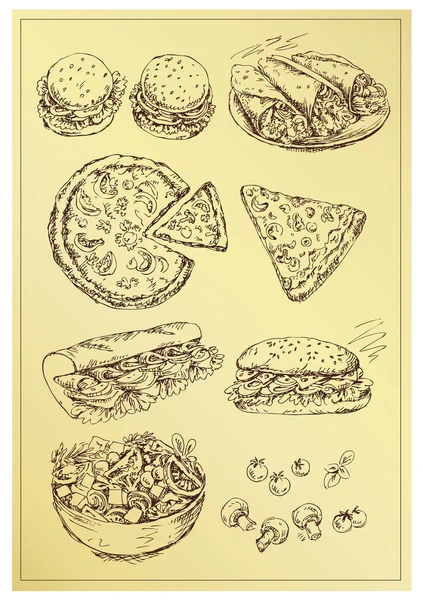 サンドイッチ、ピザとサラダのセットを図面の手します。 — ストックベクタ