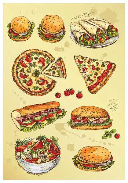 Ensemble de sandwichs, pizza et salade à la main — Image vectorielle