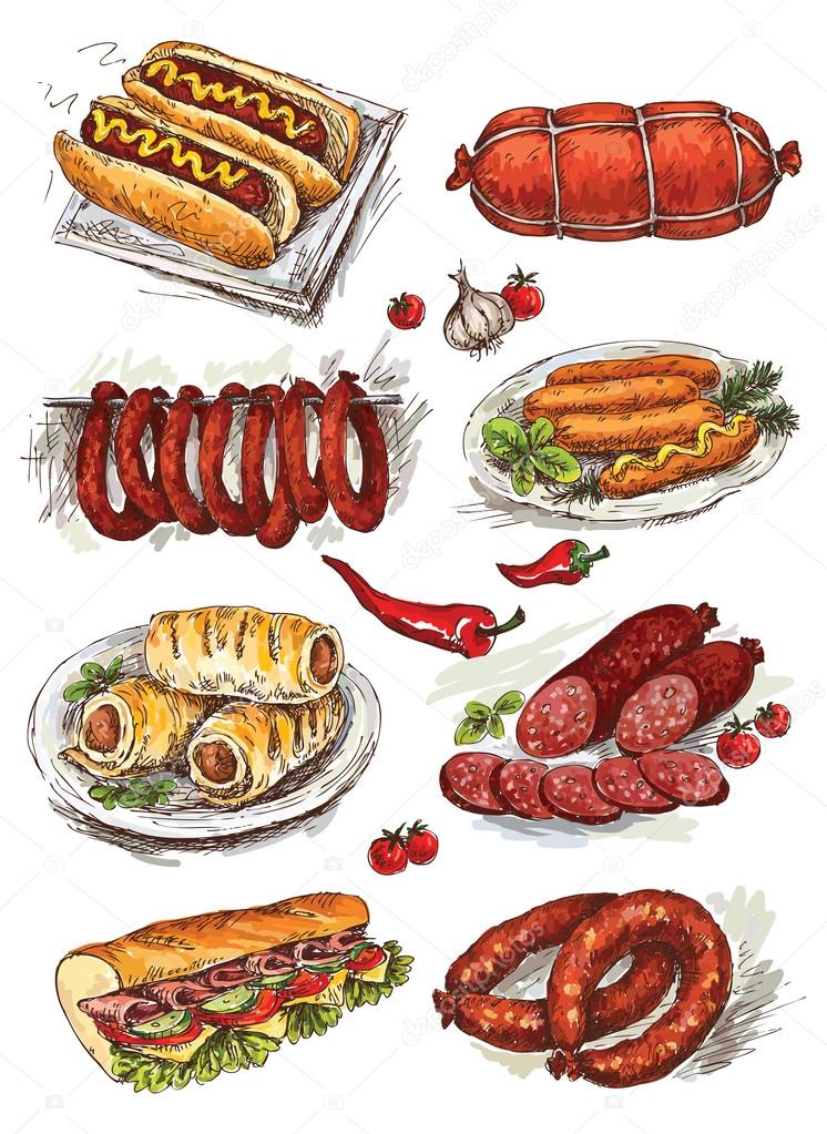 Set of hand drawing sausage