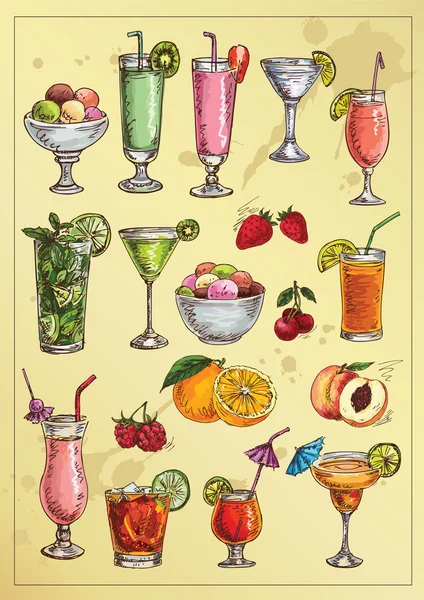 Jeu de queues d'alcool à dessiner à la main et fruits — Image vectorielle