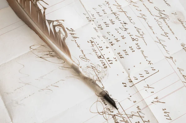 Nineteenth century letters with feather — Stock Photo, Image