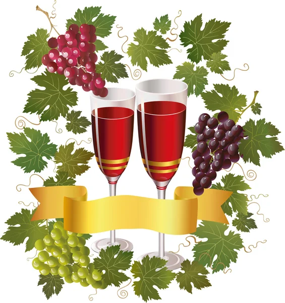 Два бокала с разноцветным виноградом — стоковый вектор