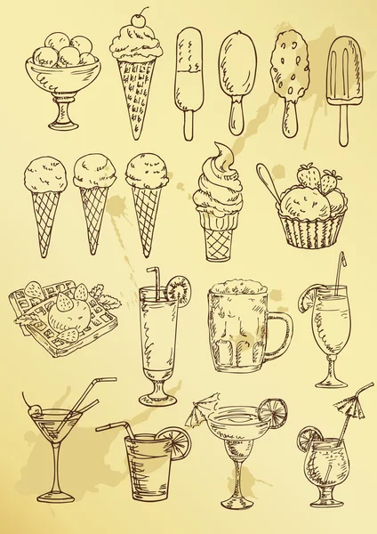 Set di mano disegno coctail alcol e gelato — Vettoriale Stock