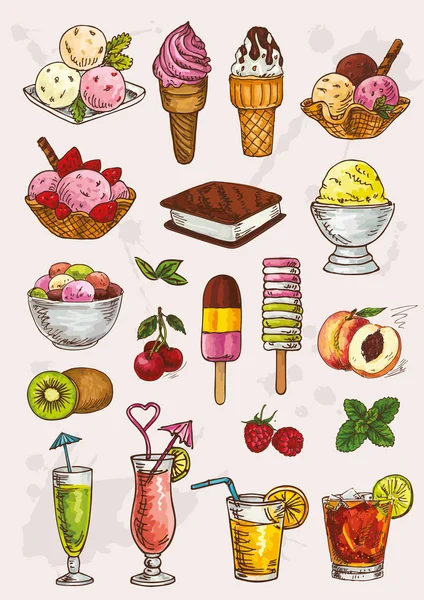 Conjunto de dibujo a mano cóctel de alcohol y helado — Vector de stock