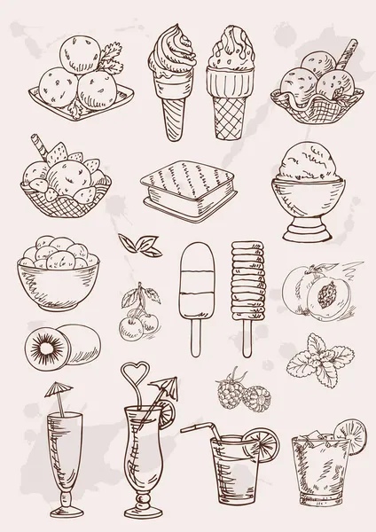 Conjunto de dibujo a mano cóctel de alcohol y helado — Vector de stock