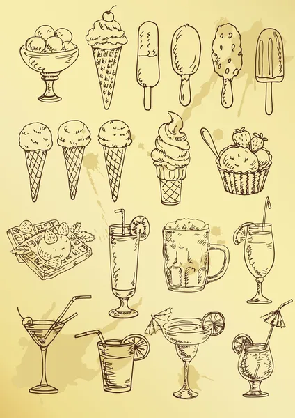 手描画アルコール カクテルとアイス クリームのセット — ストックベクタ