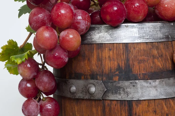 Olgun kırmızı üzüm ve şarap varil — Stok fotoğraf