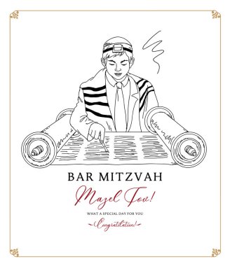 Yahudi çocuk Bar Mitzvah töreninde Tevrat parşömeni okuyor. El çizimi vektör illüstrasyonu.