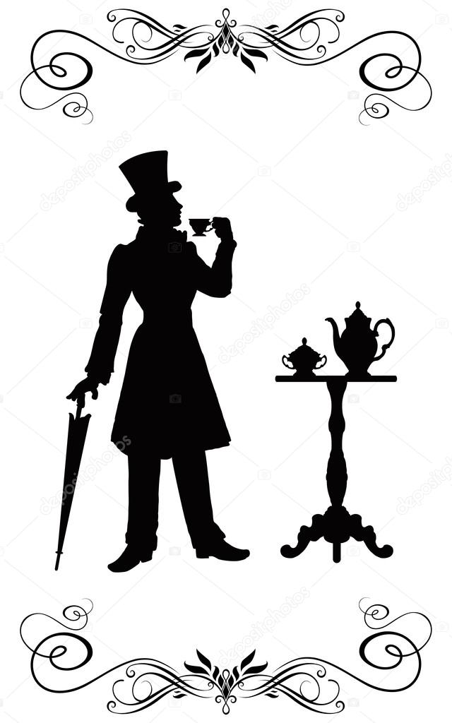 The man in clothes of XIX century with an umbrella and in the cylinder costs at a restaurant little table and holds in a hand a cup of