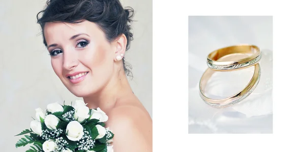 Retrato de noiva bonita feliz e anel de casamento — Fotografia de Stock
