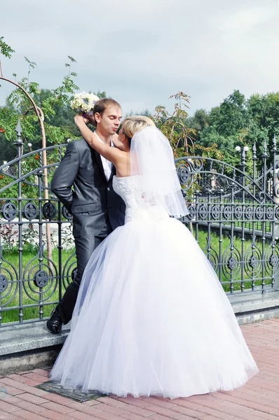 Boldog menyasszony és a vőlegény kívül — Stock Fotó