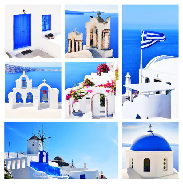 Santorini com igrejas e vista para o mar na Grécia — Fotografia de Stock