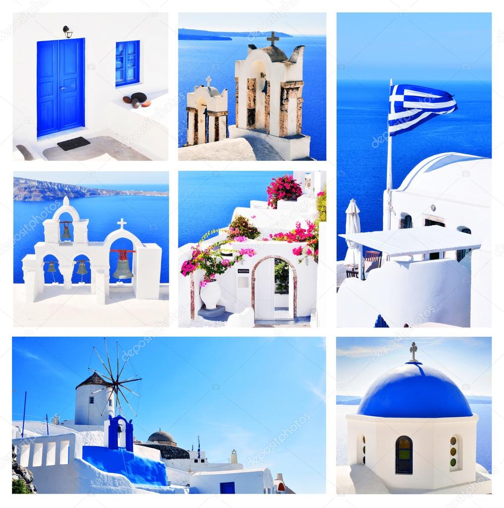 Santorini with churches and sea view in Greece