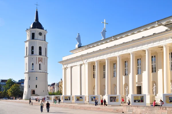 Vilnius, Lithuania: September 9, 2013 - Cathedral with Bell Tower and Gediminas statue Square in Vilnius, Lithuania — Stock Photo, Image