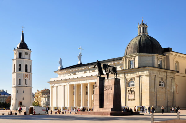 Vilnius, Lithuania: September 9, 2013 - Cathedral with Bell Tower and Gediminas statue Square in Vilnius, Lithuania