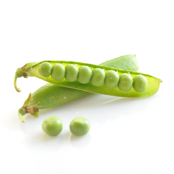 Fresh pea fruit with green leaf isolated on white background — Stock Photo, Image