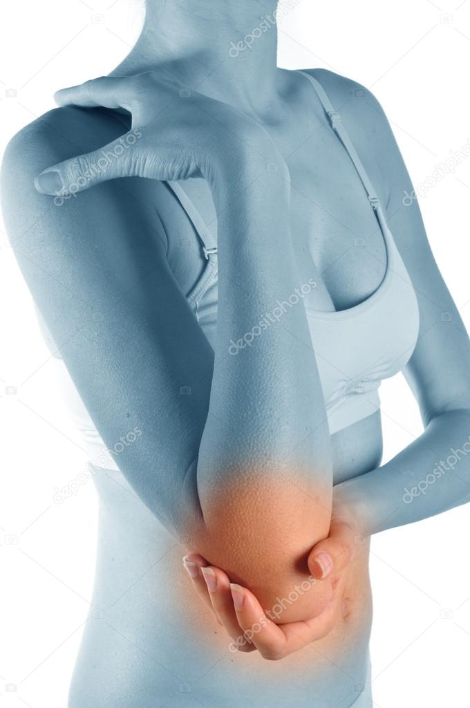 Young woman in pain with an elbow injury