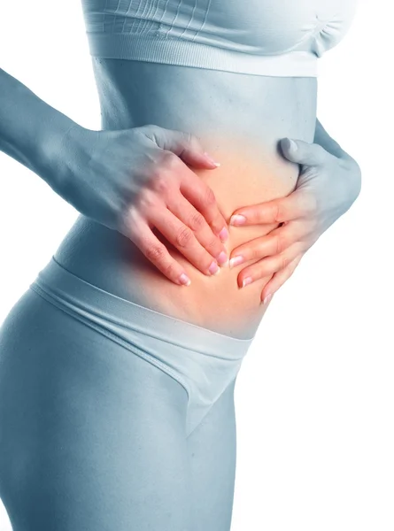 Acute pain in a woman abdomen. — Stock Photo, Image