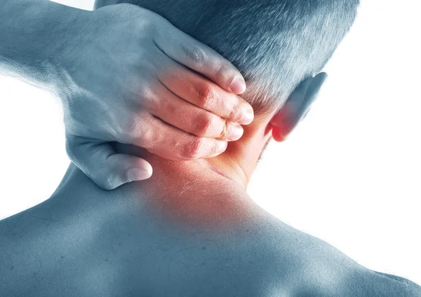 Homem com dor aguda no pescoço — Fotografia de Stock