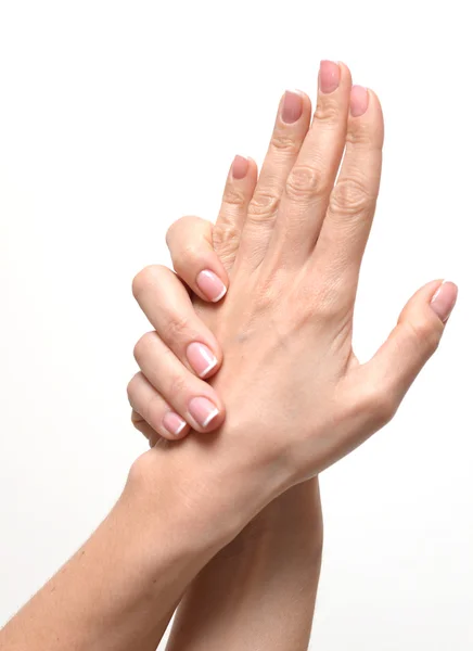 Close up de mãos femininas com unhas isoladas — Fotografia de Stock