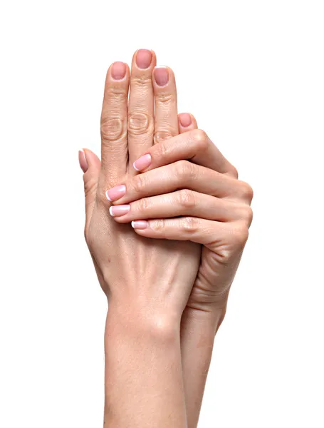 Close up of female hands with  french manicure isolated — Stock Photo, Image