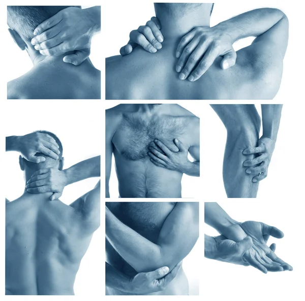 Collage-Mann hat Schmerzen an mehreren Körperteilen — Stockfoto