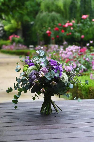 Fascinating Bouquet Flowers Wooden Surface — Stock Photo, Image