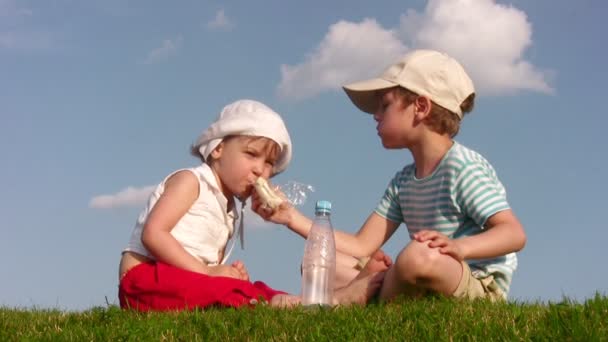 Niños con comida en el prado 2 — Vídeo de stock