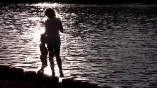 Silhouet moeder met kind op water — Stockvideo