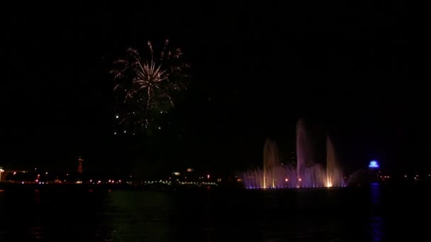 Fuochi d'artificio e fontana su Neva — Video Stock