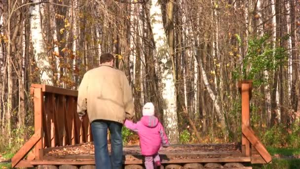 Senior mit kleinem Mädchen im Herbstpark auf Brücke — Stockvideo