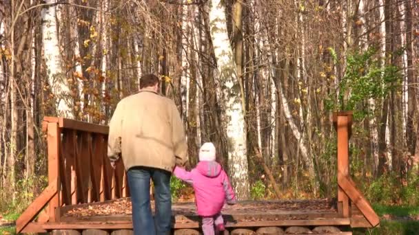 Senior met meisje in herfst park op brug — Stockvideo